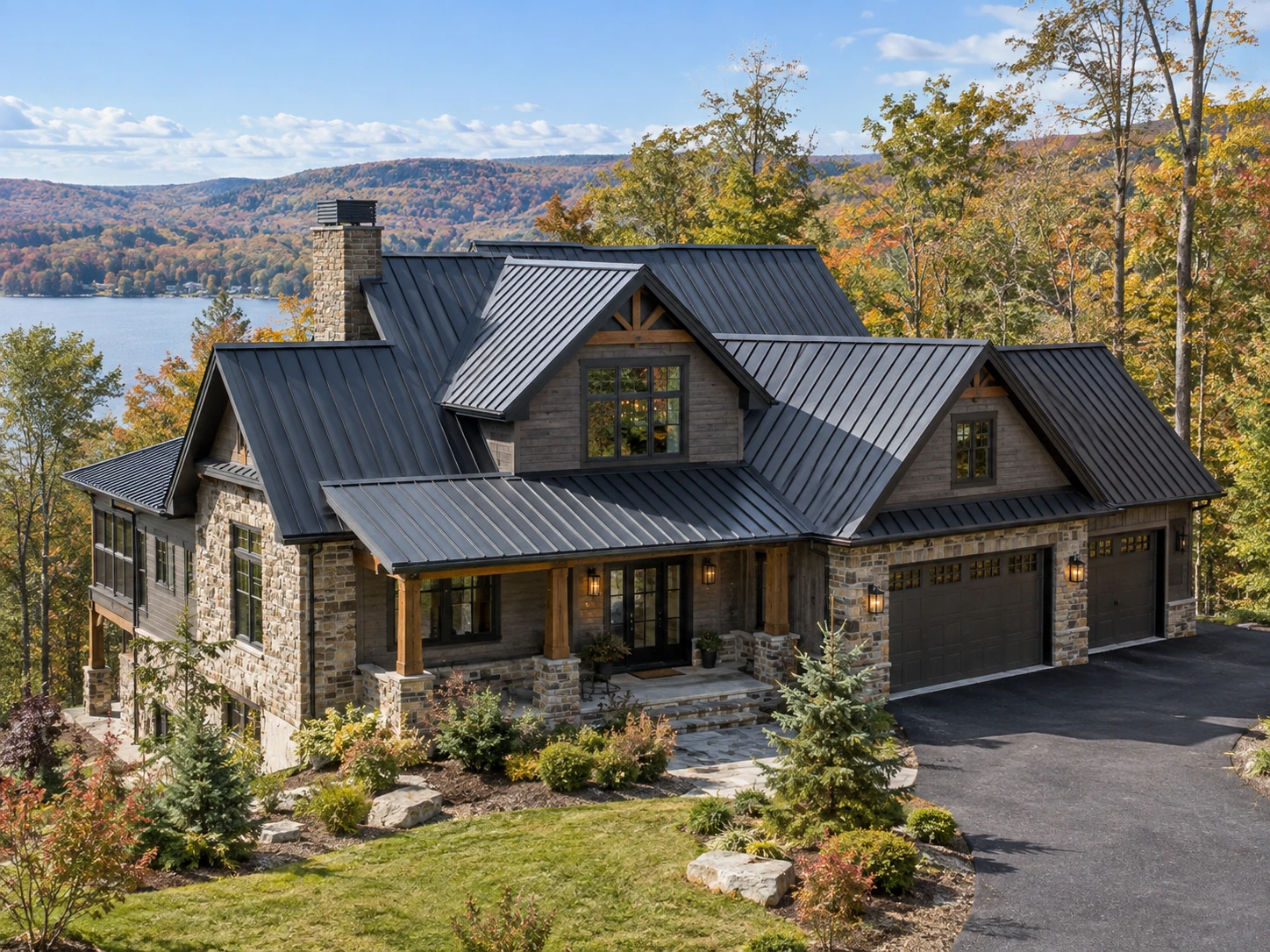 Completed dark standing-seam metal roof on a residential property